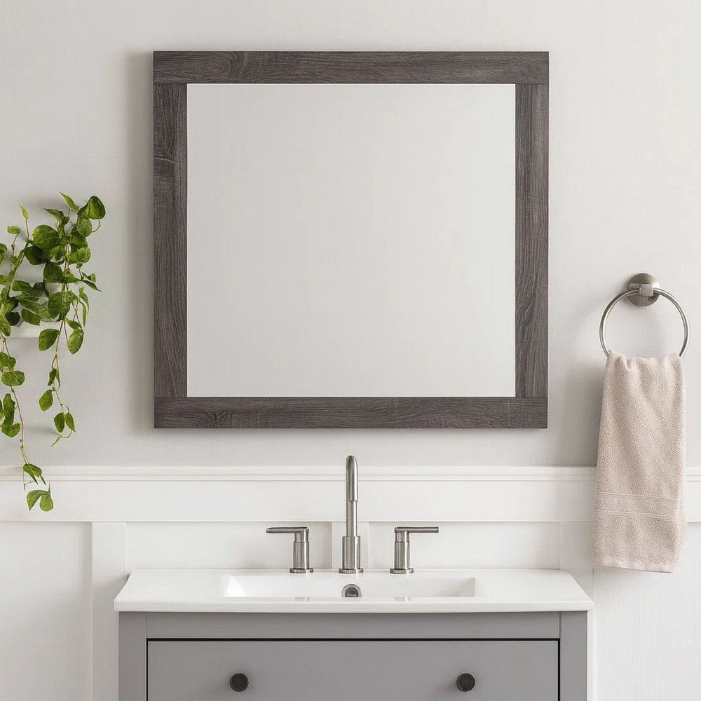 Transitional Style Grained Wood Encased Square Mirror, Gray - BM228558