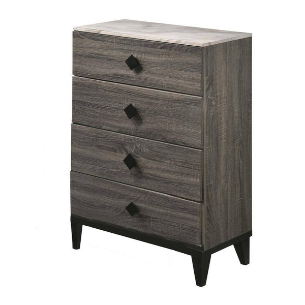 4 Drawer Wooden Chest with Grains and Angled Legs, Gray - BM228560