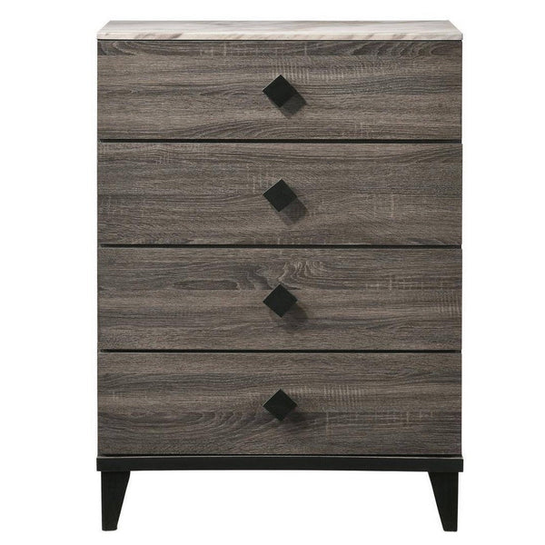 4 Drawer Wooden Chest with Grains and Angled Legs, Gray - BM228560