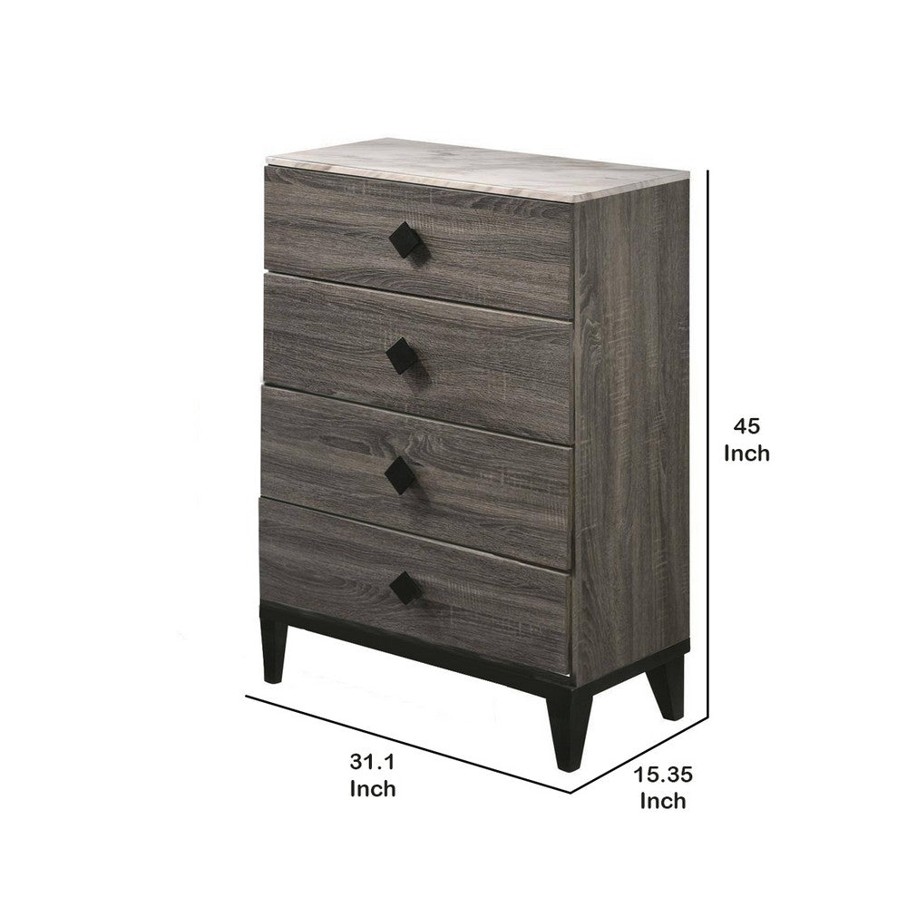 4 Drawer Wooden Chest with Grains and Angled Legs, Gray - BM228560