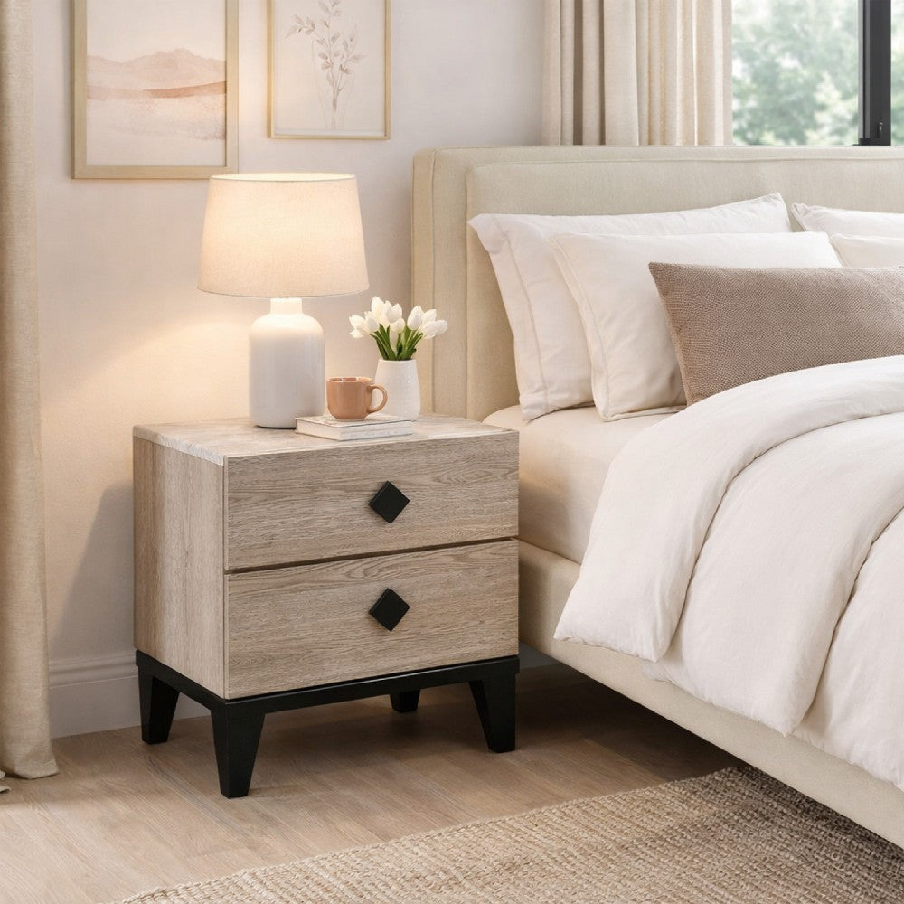 2 Drawer Wooden Nightstand with Grains and Angled Legs, Cream - BM228561