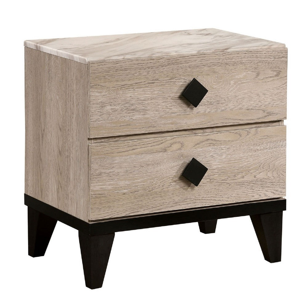 2 Drawer Wooden Nightstand with Grains and Angled Legs, Cream - BM228561
