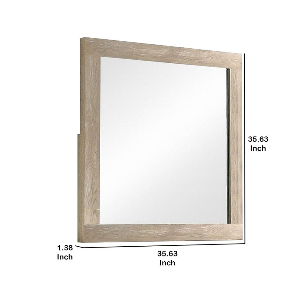 Transitional Style Grained Wood Encased Square Mirror, Cream - BM228562
