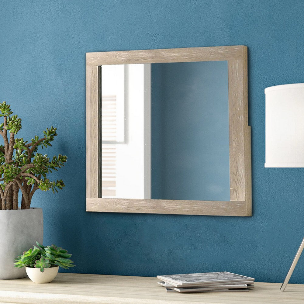 Transitional Style Grained Wood Encased Square Mirror, Cream - BM228562