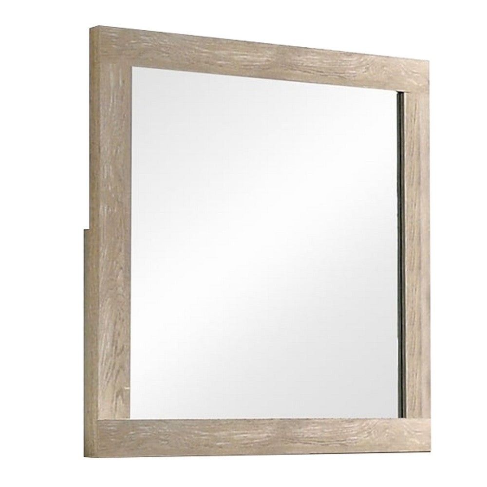 Transitional Style Grained Wood Encased Square Mirror, Cream - BM228562