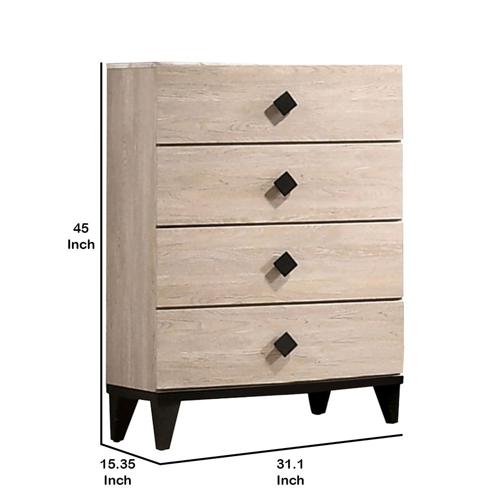 4 Drawer Wooden Chest with Grains and Angled Legs, Cream - BM228564