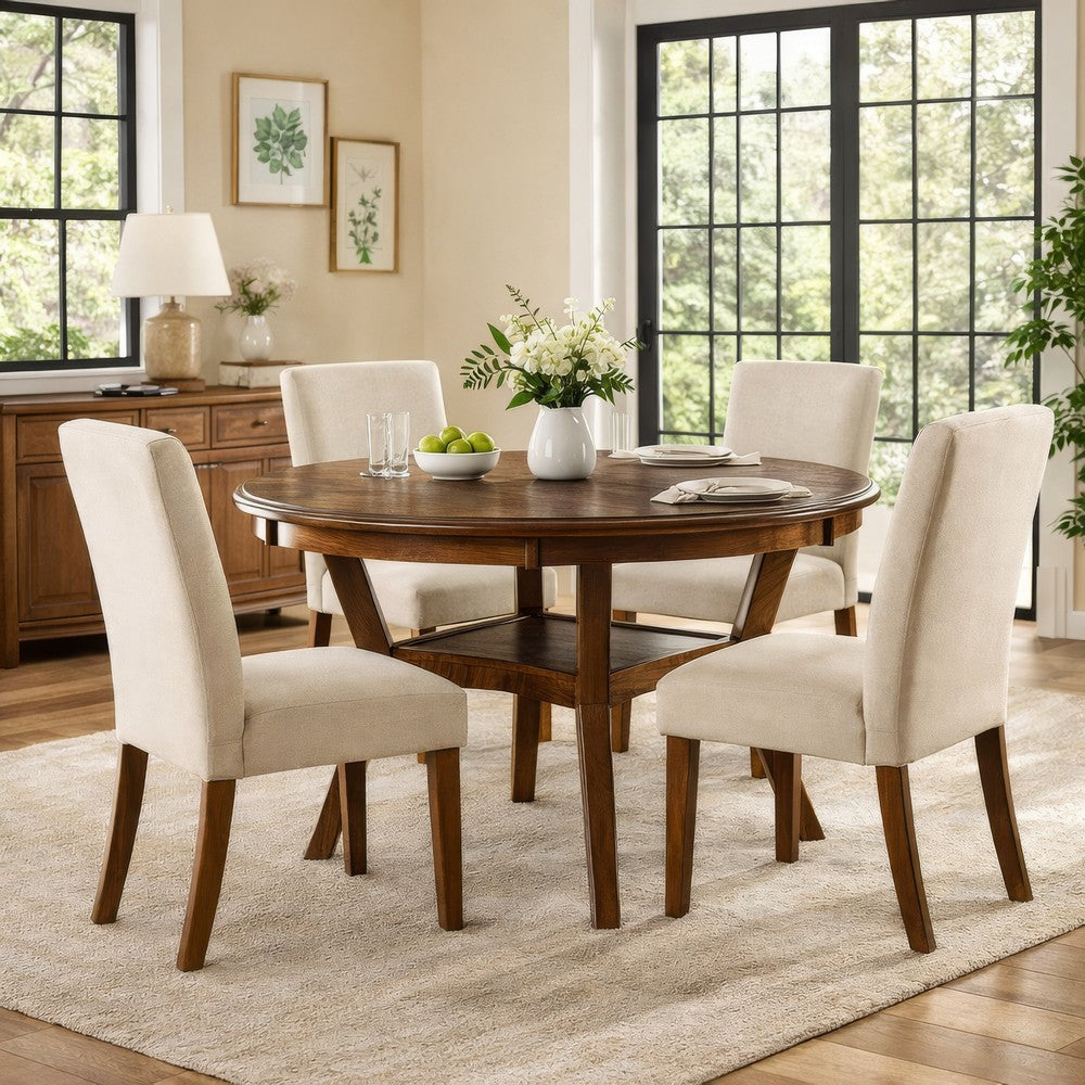 Round Top Wooden Dining Table with Boomerang Legs, Walnut Brown - BM228573
