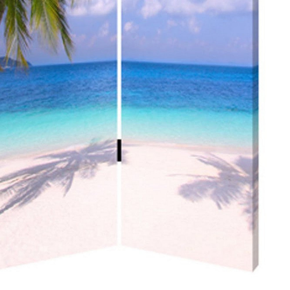 Beach Inspired Canvas Print 3 Panel Wooden Screen, Blue and Green - BM228607
