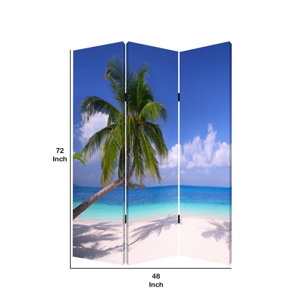Beach Inspired Canvas Print 3 Panel Wooden Screen, Blue and Green - BM228607