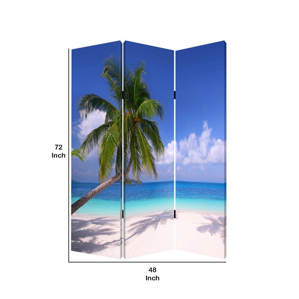 Beach Inspired Canvas Print 3 Panel Wooden Screen, Blue and Green - BM228607