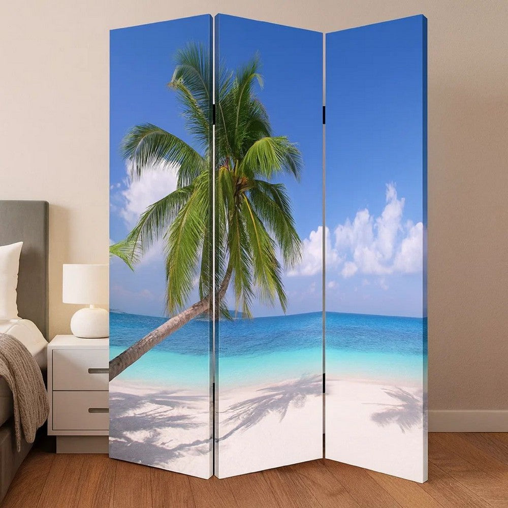 Beach Inspired Canvas Print 3 Panel Wooden Screen, Blue and Green - BM228607