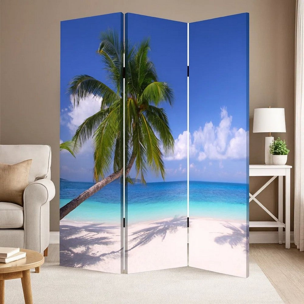 Beach Inspired Canvas Print 3 Panel Wooden Screen, Blue and Green - BM228607