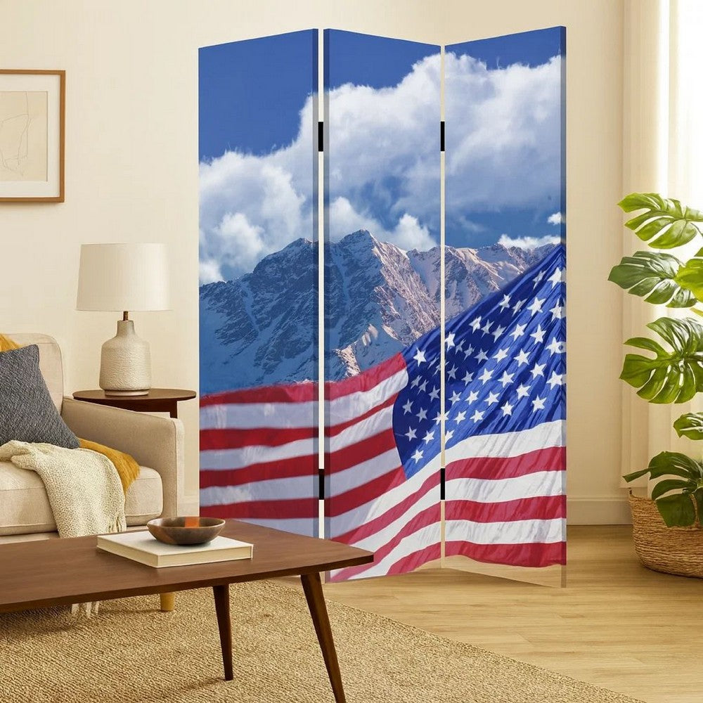American Flag Printed Wood and Canvas 3 Panel Screen, Multicolor - BM228608