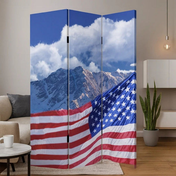 American Flag Printed Wood and Canvas 3 Panel Screen, Multicolor - BM228608