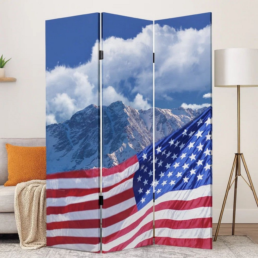 American Flag Printed Wood and Canvas 3 Panel Screen, Multicolor - BM228608