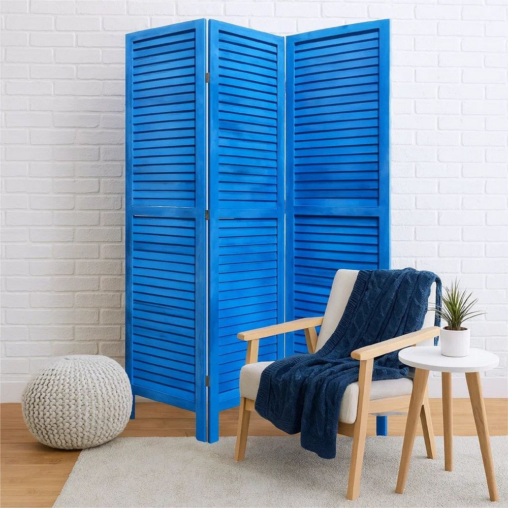 Wooden 3 Panel Shutter Screen with Fitted Slats, Light Blue - BM228609