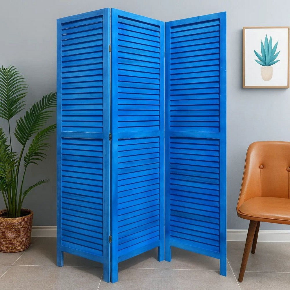 Wooden 3 Panel Shutter Screen with Fitted Slats, Light Blue - BM228609