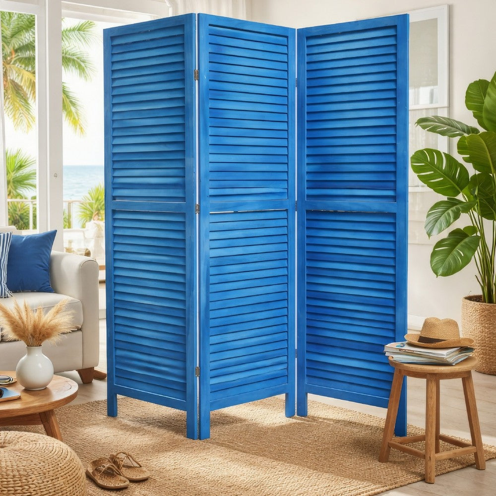 Wooden 3 Panel Shutter Screen with Fitted Slats, Light Blue - BM228609