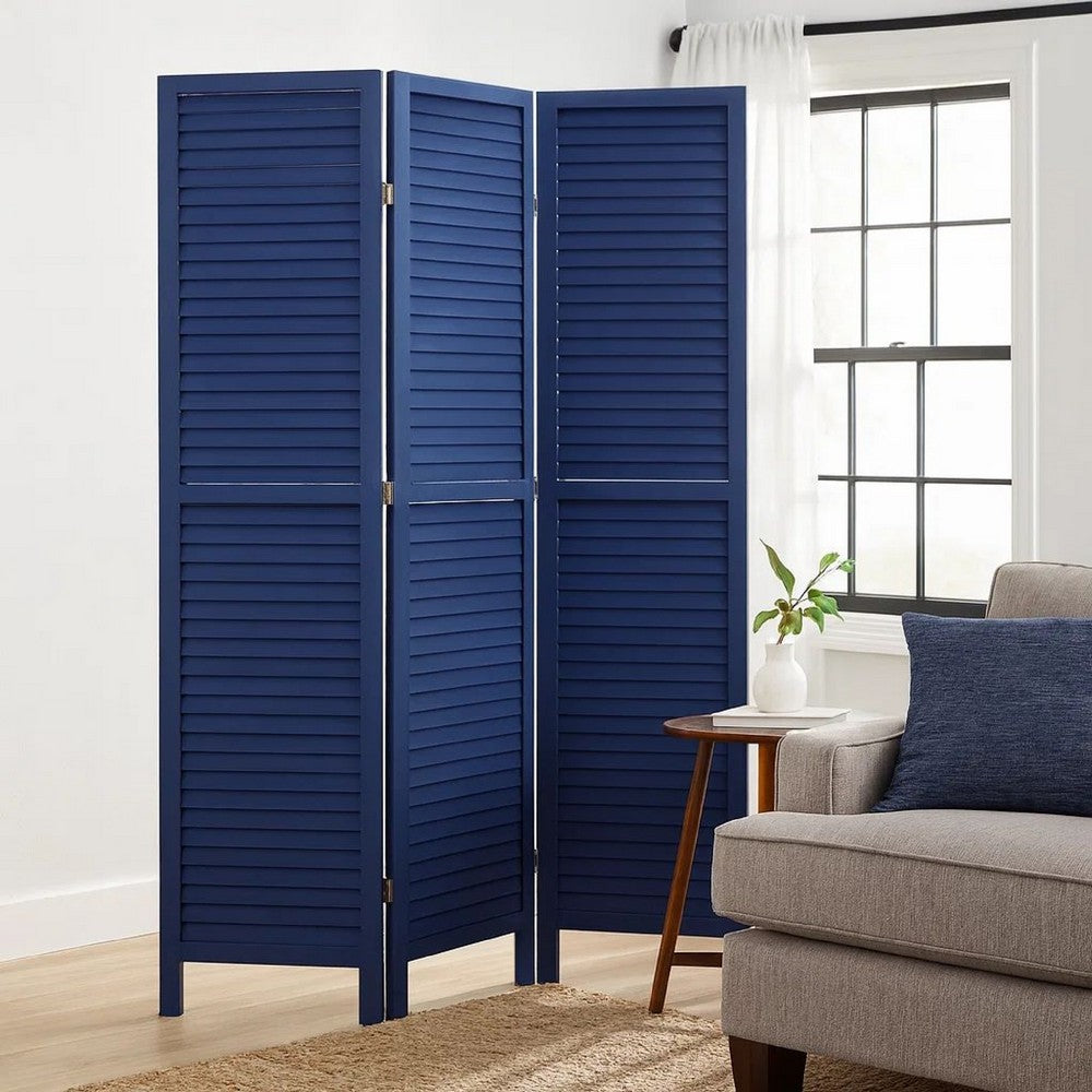 Wooden 3 Panel Shutter Screen with Fitted Slats, Dark Blue - BM228610