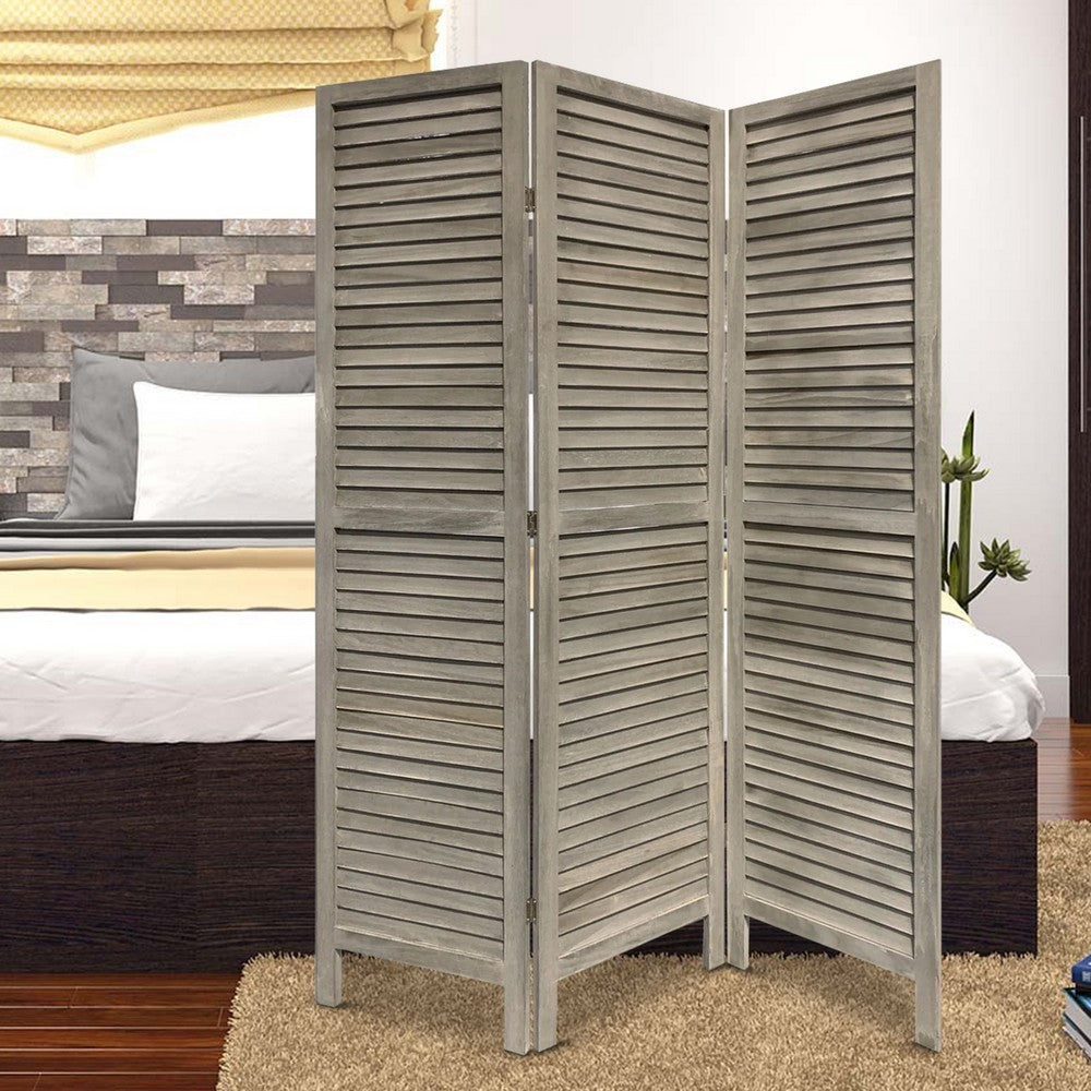 Wooden 3 Panel Shutter Screen with Fitted Slats, Gray - BM228611