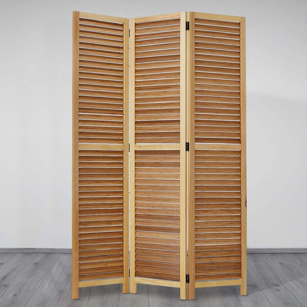 Wooden 3 Panel Shutter Screen with Bamboo Slats, Natural Brown - BM228612