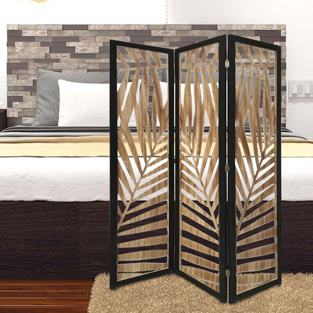 3 Panel Wooden Screen with Laser Cut Tropical Leaf Design, Brown and Black - BM228616