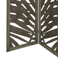 3 Panel Wooden Screen with Laser Cut Tropical Leaf Design, Gray - BM228617