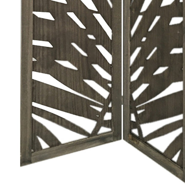 3 Panel Wooden Screen with Laser Cut Tropical Leaf Design, Gray - BM228617