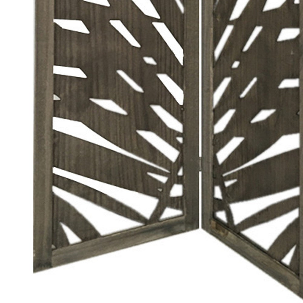 3 Panel Wooden Screen with Laser Cut Tropical Leaf Design, Gray - BM228617