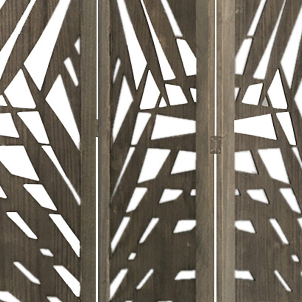 3 Panel Wooden Screen with Laser Cut Tropical Leaf Design, Gray - BM228617