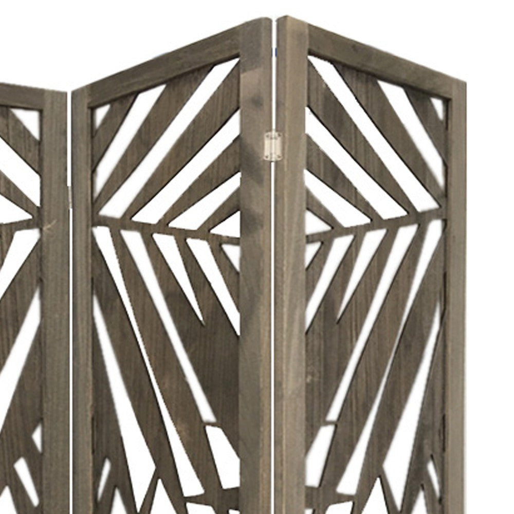 3 Panel Wooden Screen with Laser Cut Tropical Leaf Design, Gray - BM228617