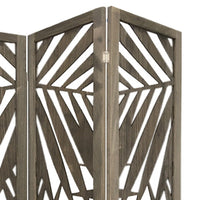 3 Panel Wooden Screen with Laser Cut Tropical Leaf Design, Gray - BM228617