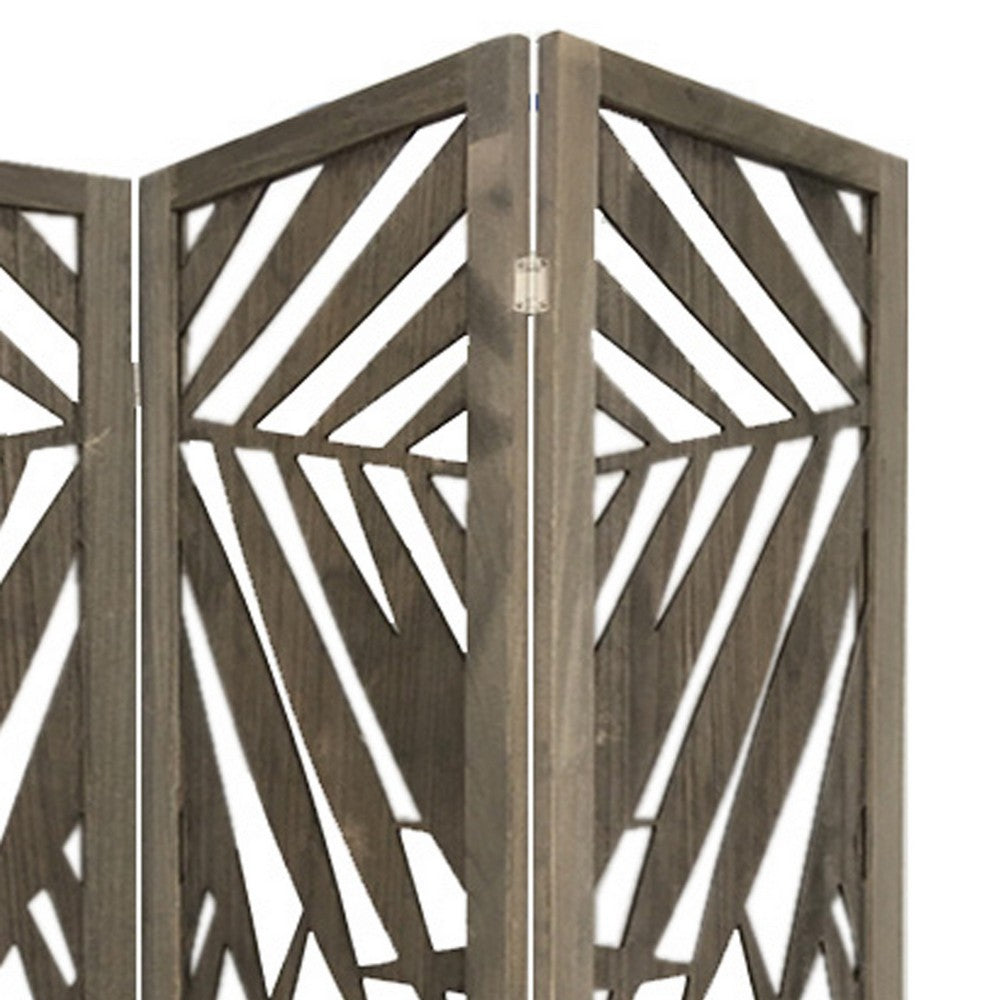 3 Panel Wooden Screen with Laser Cut Tropical Leaf Design, Gray - BM228617
