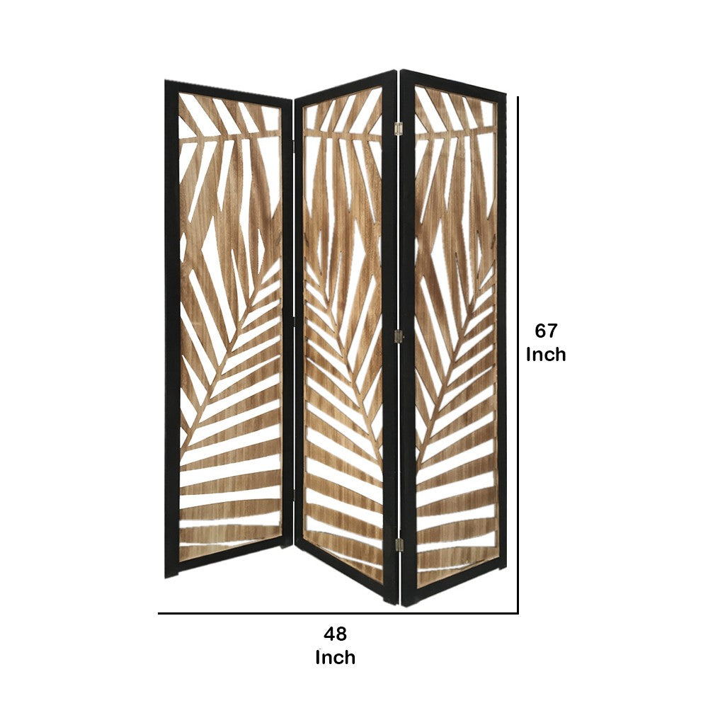3 Panel Wooden Screen with Laser Cut Tropical Leaf Design, Gray - BM228617