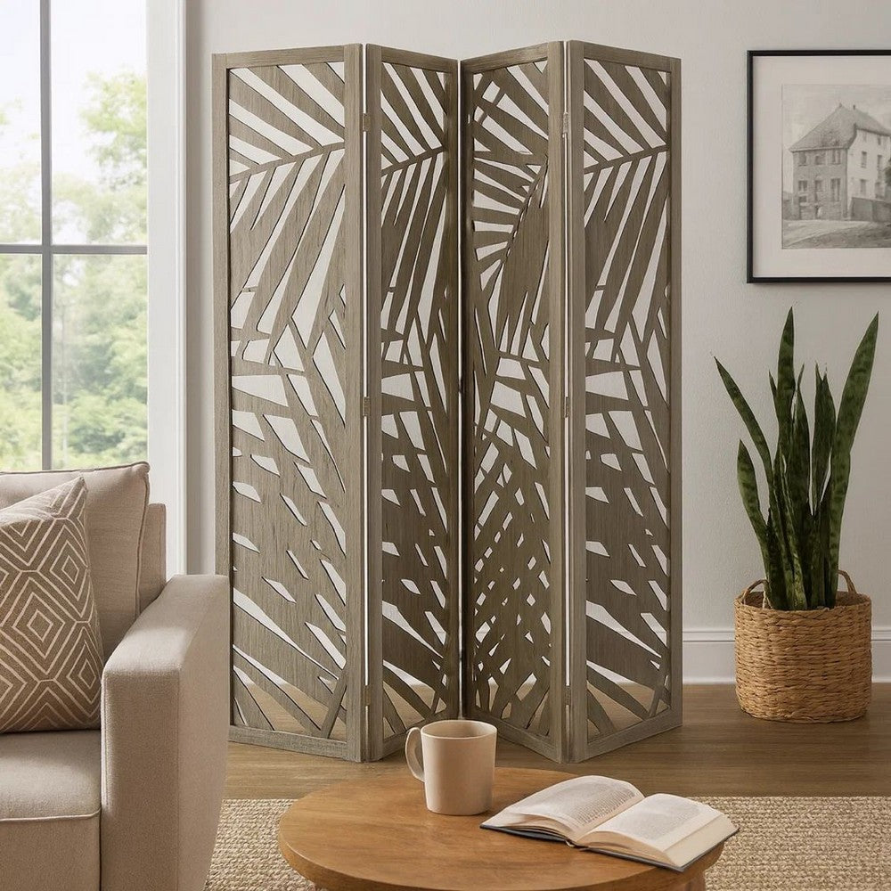 3 Panel Wooden Screen with Laser Cut Tropical Leaf Design, Gray - BM228617