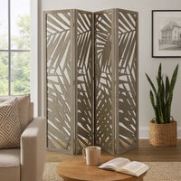 3 Panel Wooden Screen with Laser Cut Tropical Leaf Design, Gray - BM228617