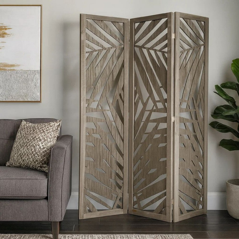 3 Panel Wooden Screen with Laser Cut Tropical Leaf Design, Gray - BM228617