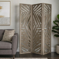 3 Panel Wooden Screen with Laser Cut Tropical Leaf Design, Gray - BM228617