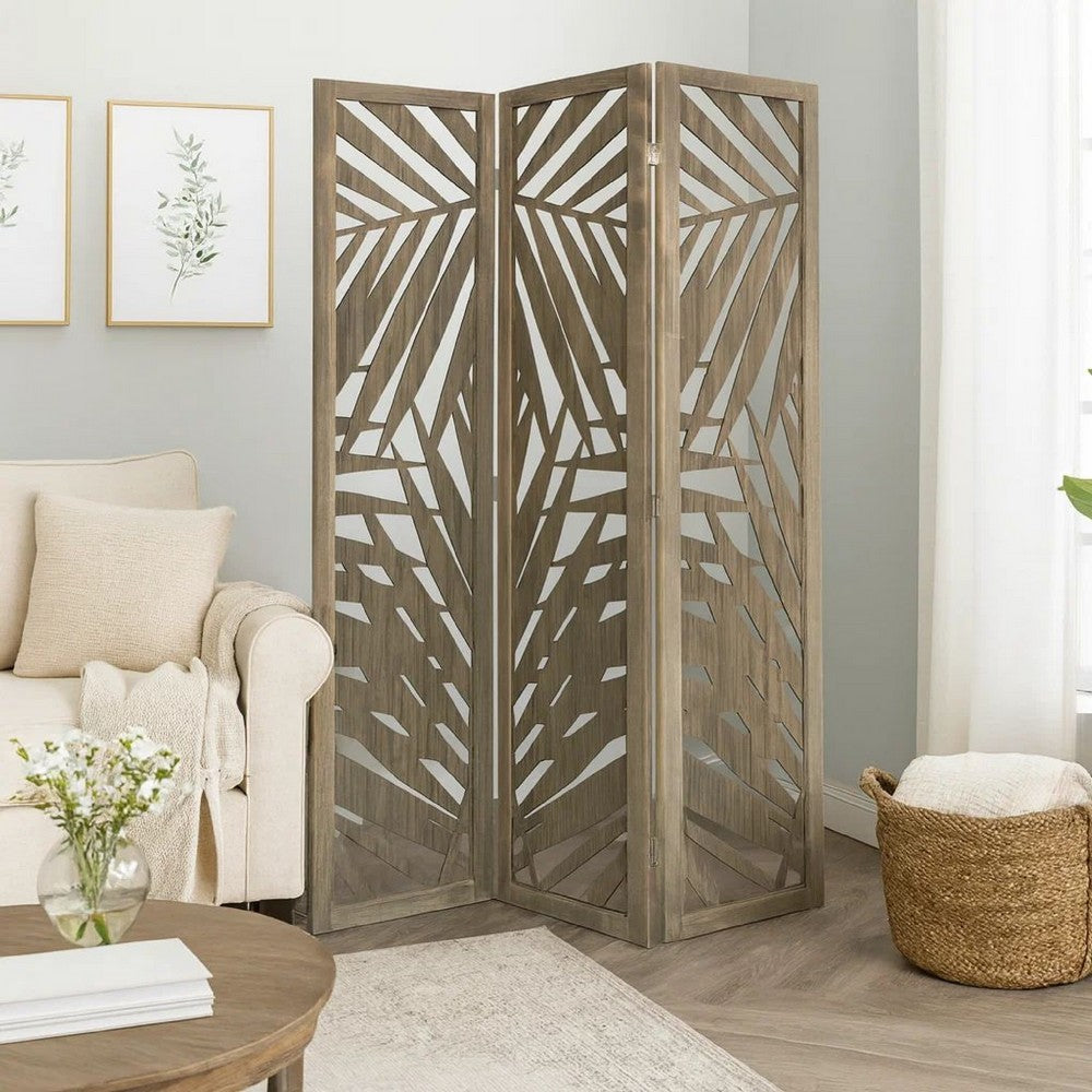 3 Panel Wooden Screen with Laser Cut Tropical Leaf Design, Gray - BM228617
