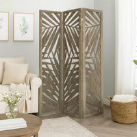 3 Panel Wooden Screen with Laser Cut Tropical Leaf Design, Gray - BM228617