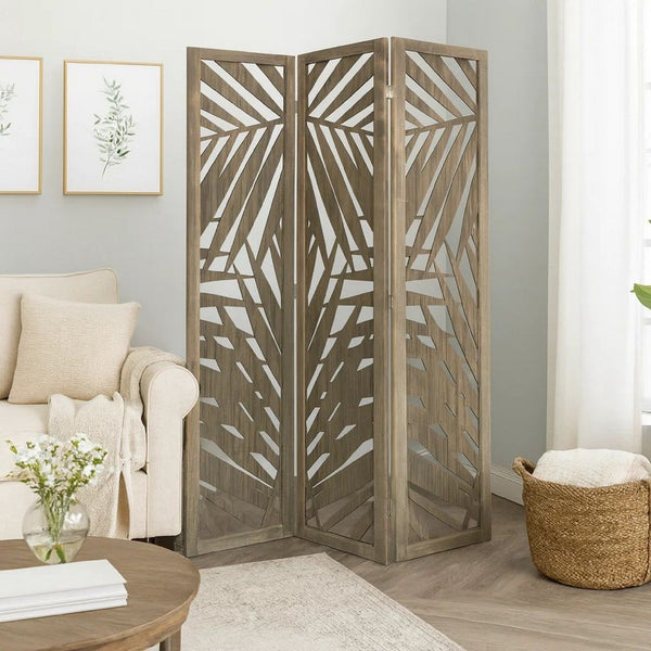 3 Panel Wooden Screen with Laser Cut Tropical Leaf Design, Gray - BM228617