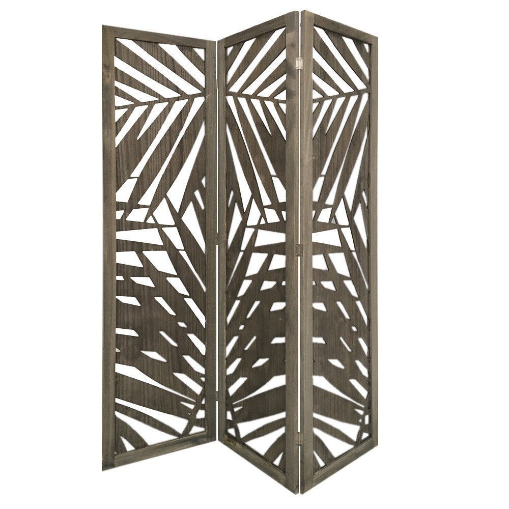 3 Panel Wooden Screen with Laser Cut Tropical Leaf Design, Gray - BM228617
