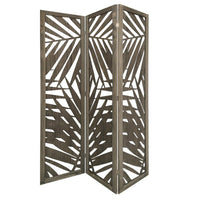 3 Panel Wooden Screen with Laser Cut Tropical Leaf Design, Gray - BM228617