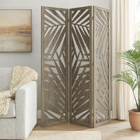 3 Panel Wooden Screen with Laser Cut Tropical Leaf Design, Gray - BM228617