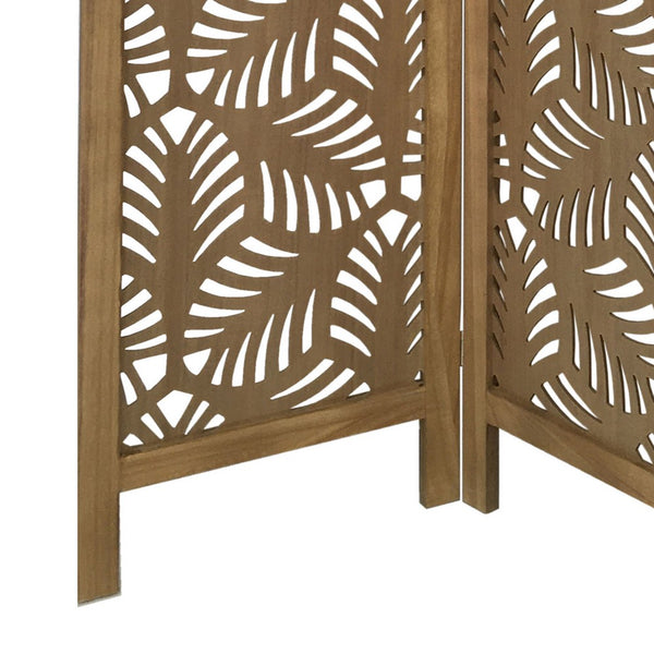 3 Panel Wooden Screen with Laser Cut Tropical Leaf Design, Brown - BM228618