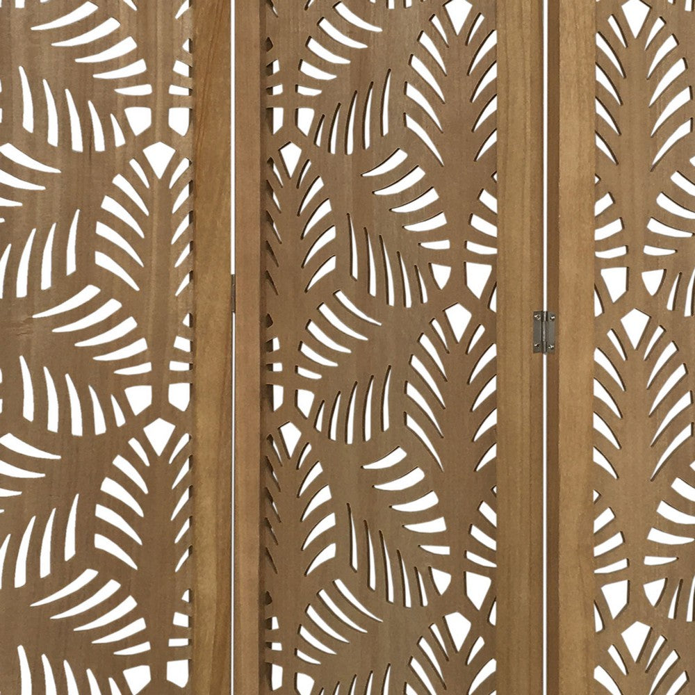 3 Panel Wooden Screen with Laser Cut Tropical Leaf Design, Brown - BM228618