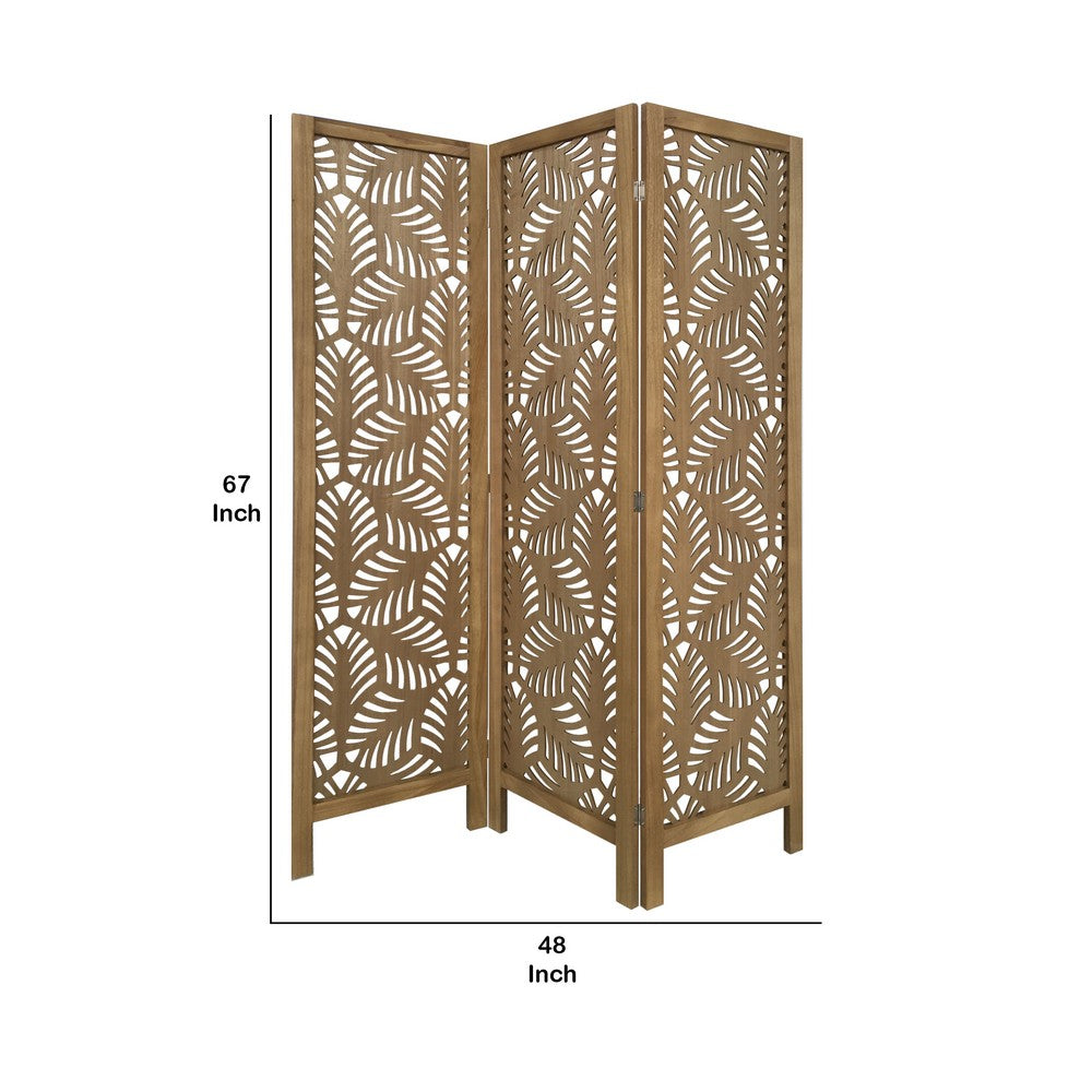 3 Panel Wooden Screen with Laser Cut Tropical Leaf Design, Brown - BM228618