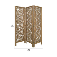 3 Panel Wooden Screen with Laser Cut Tropical Leaf Design, Brown - BM228618