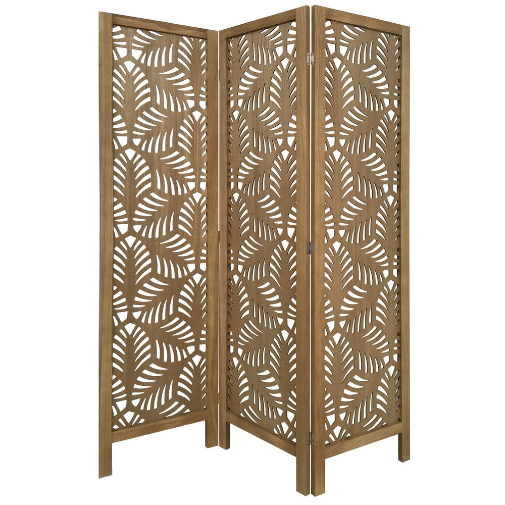 3 Panel Wooden Screen with Laser Cut Tropical Leaf Design, Brown - BM228618