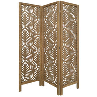 3 Panel Wooden Screen with Laser Cut Tropical Leaf Design, Brown - BM228618